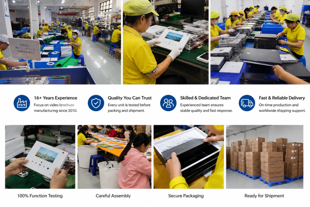 Real production workshop for custom video brochure manufacturing