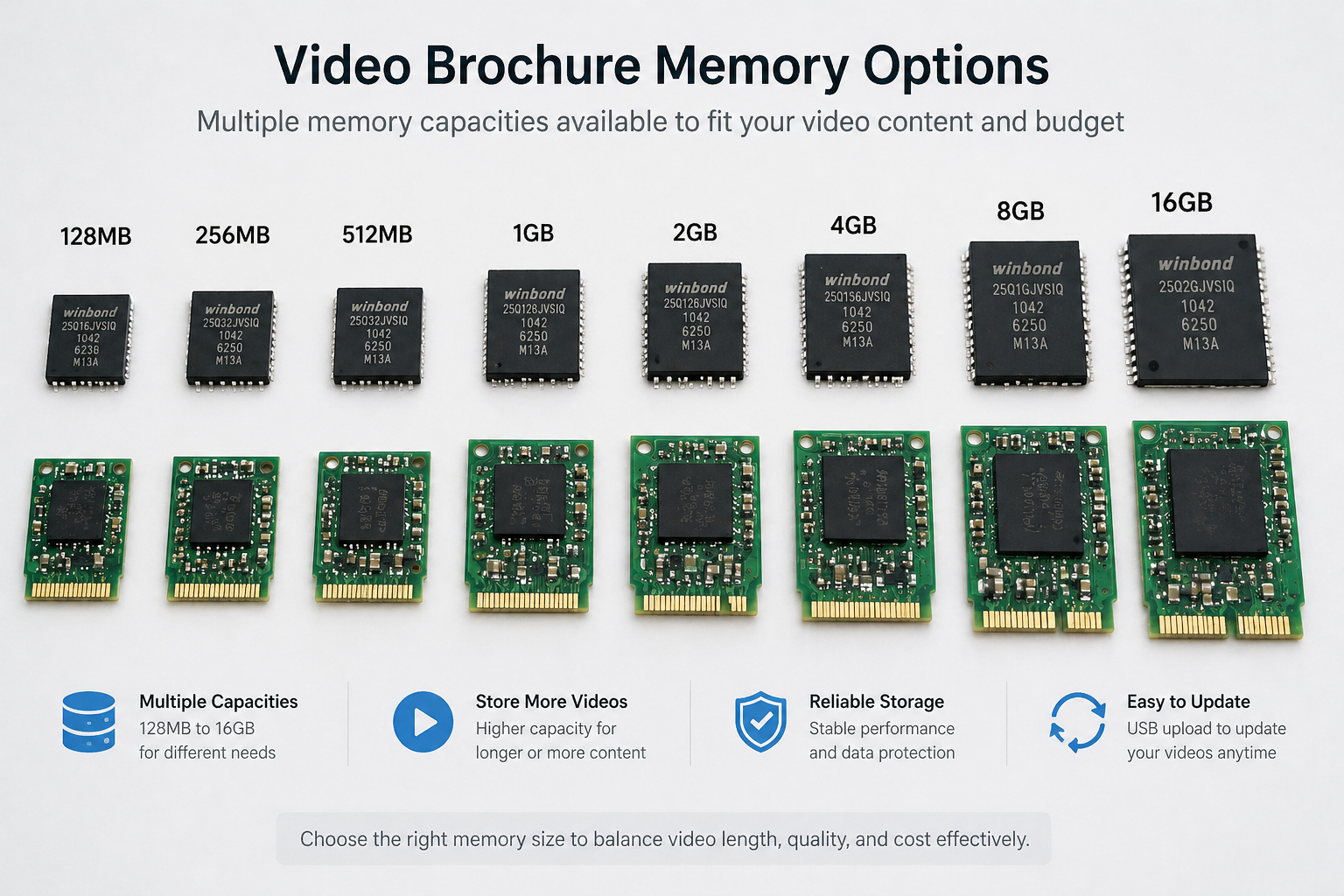 video brochure internal memory chip and storage components 128MB to 16GB