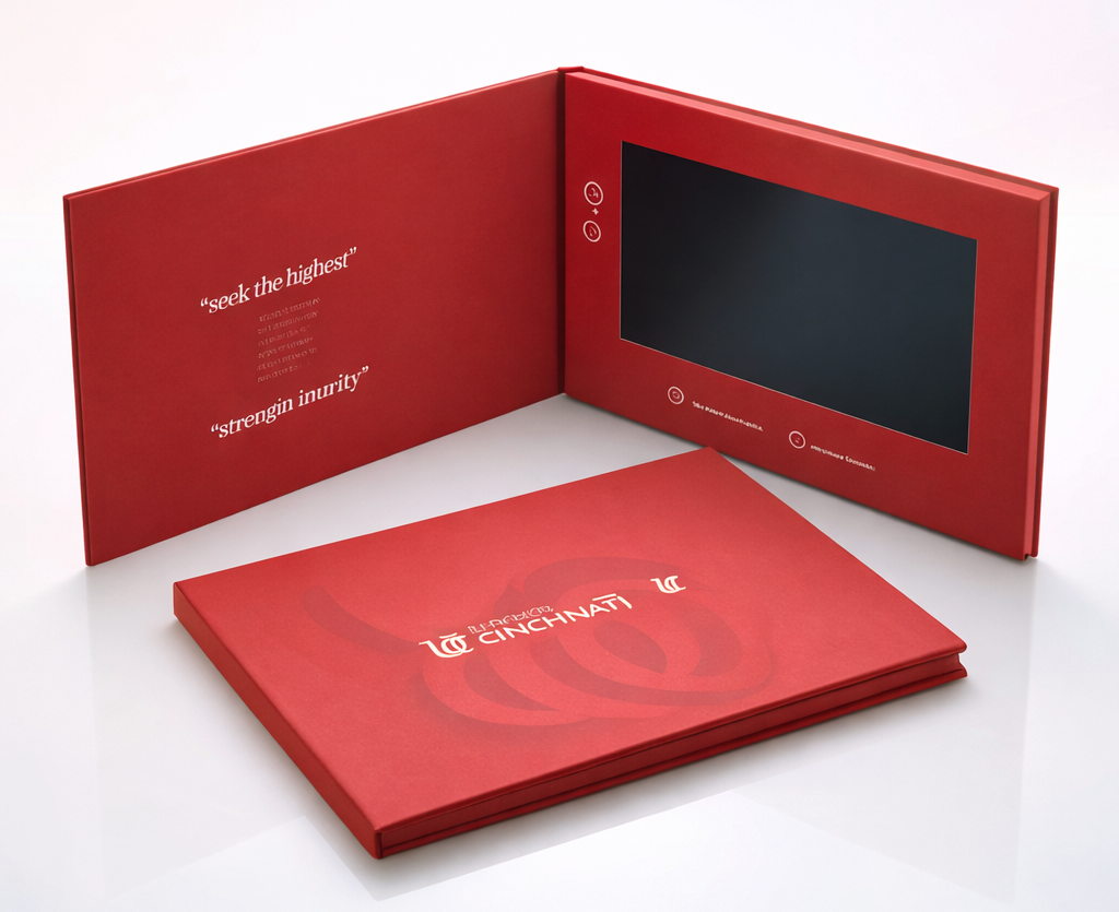 red custom video brochure with embedded screen display