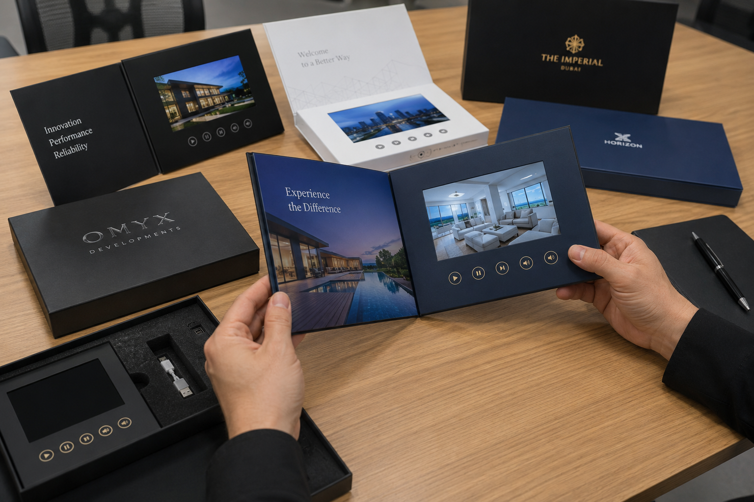 Custom video brochure samples with printed packaging and LCD screens on a meeting table