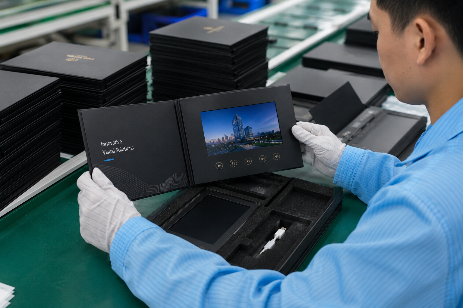Factory engineer testing video brochure playback quality before shipment