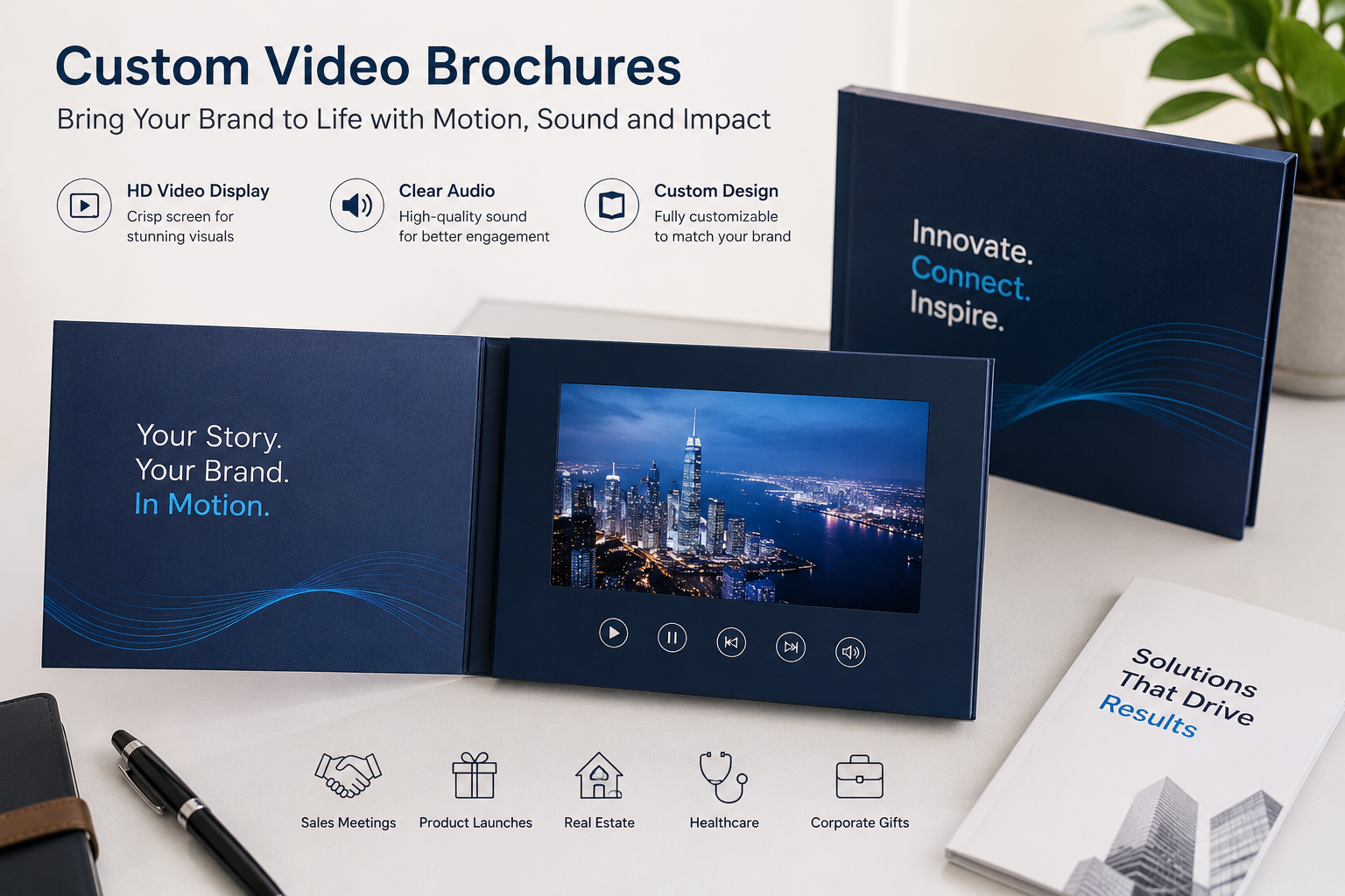 Image Placeholder 1: Different video brochure screen sizes side by side, such as 4.3 inch, 5 inch, 7 inch, and 10 inch models