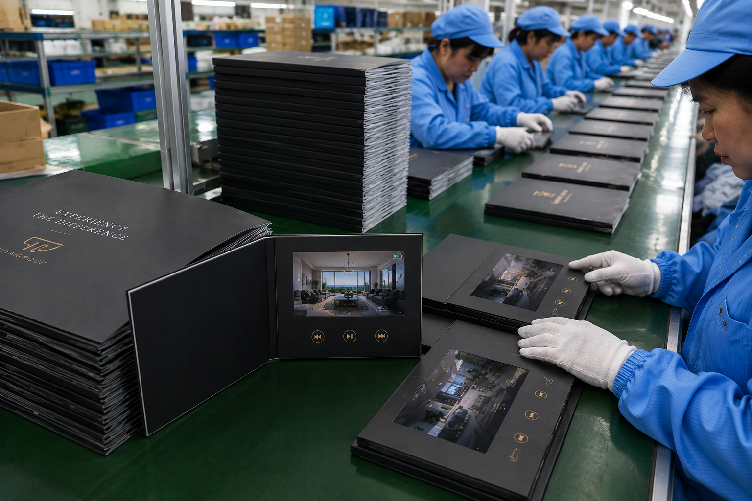 Video brochure production line with LCD screen installation and quality control process