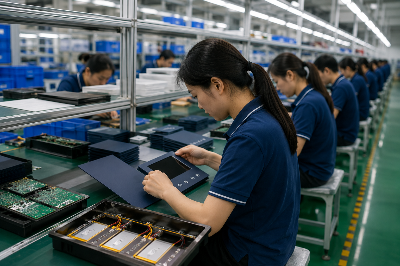 video brochure assembly line in a Chinese factory with quality control process