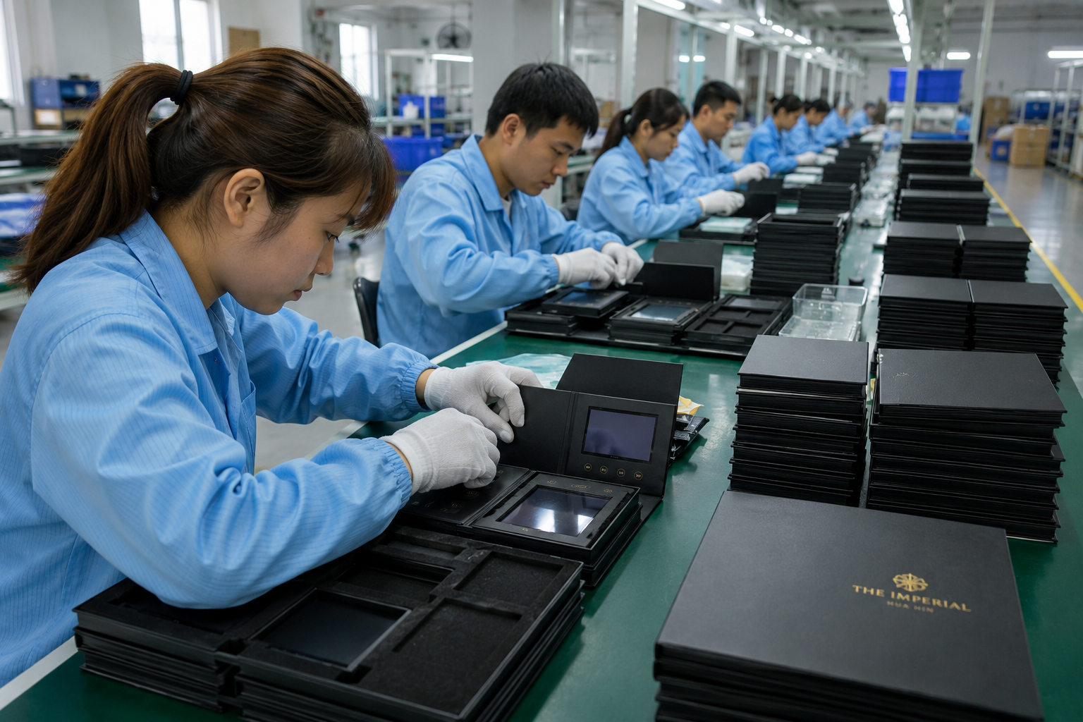 Factory workers assembling custom LCD video brochures on a production line