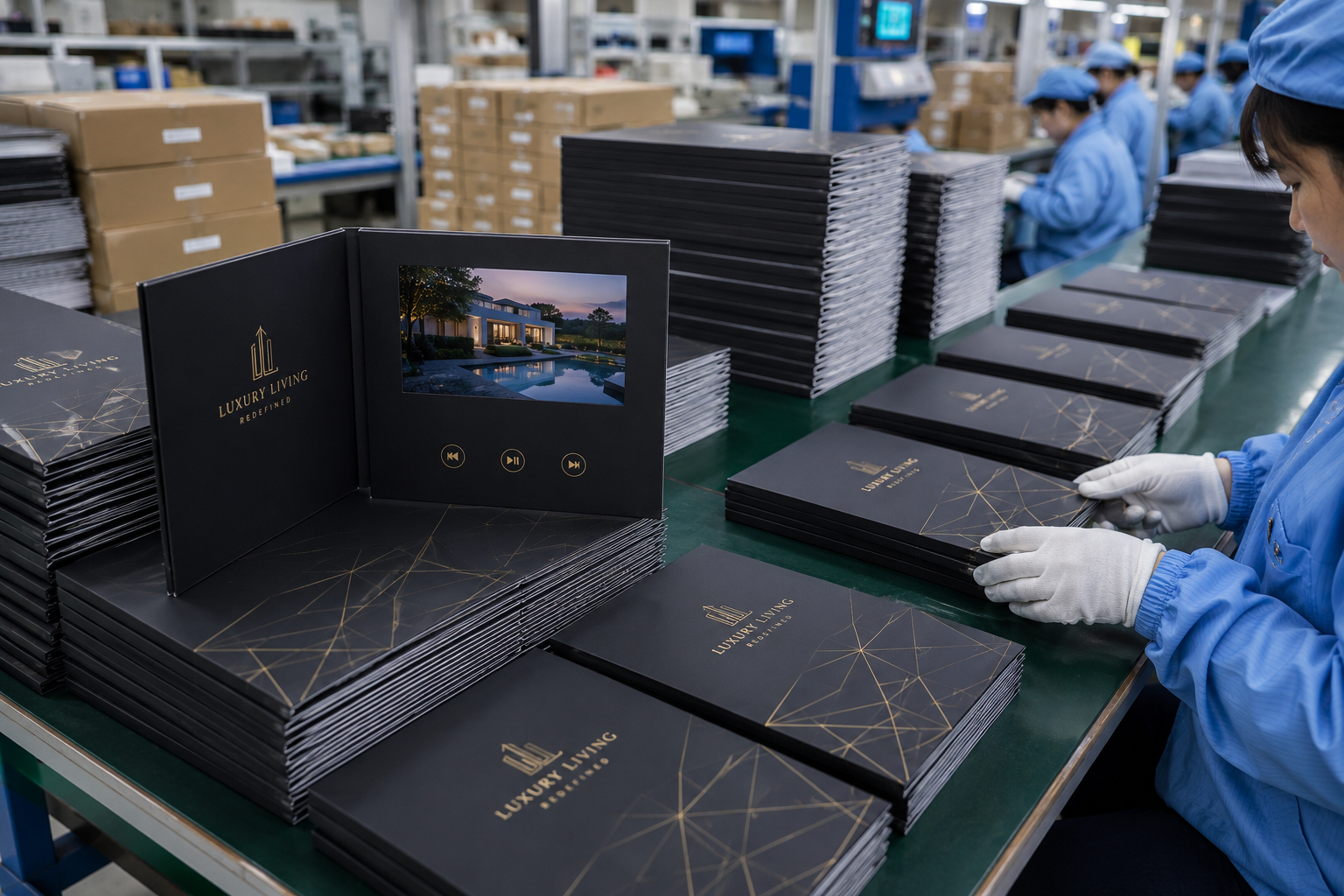 Custom video brochure production process with printed packaging and LCD screen assembly