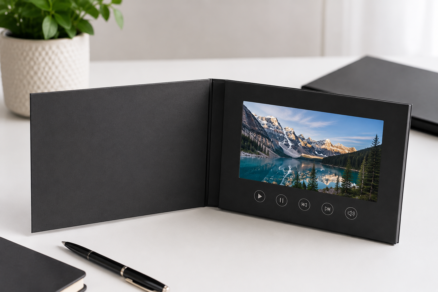 Image Placeholder 2: Designer or supplier checking a video brochure die-line template with screen and button positions