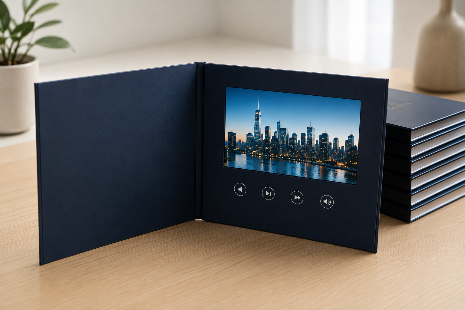 open video brochure showing screen and control buttons inside