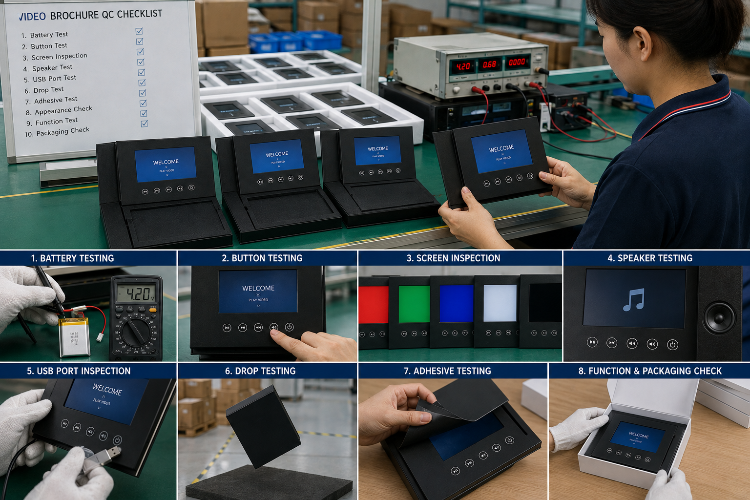 video brochure factory quality testing and battery inspection