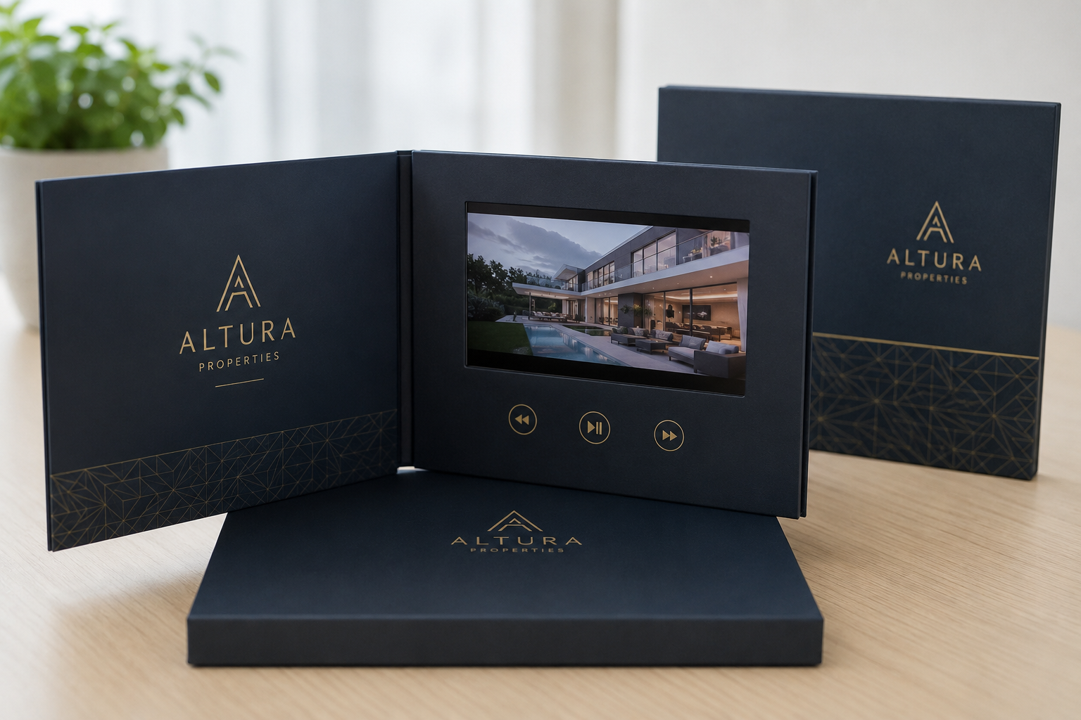 Single custom LCD video brochure sample with branded packaging for client presentation