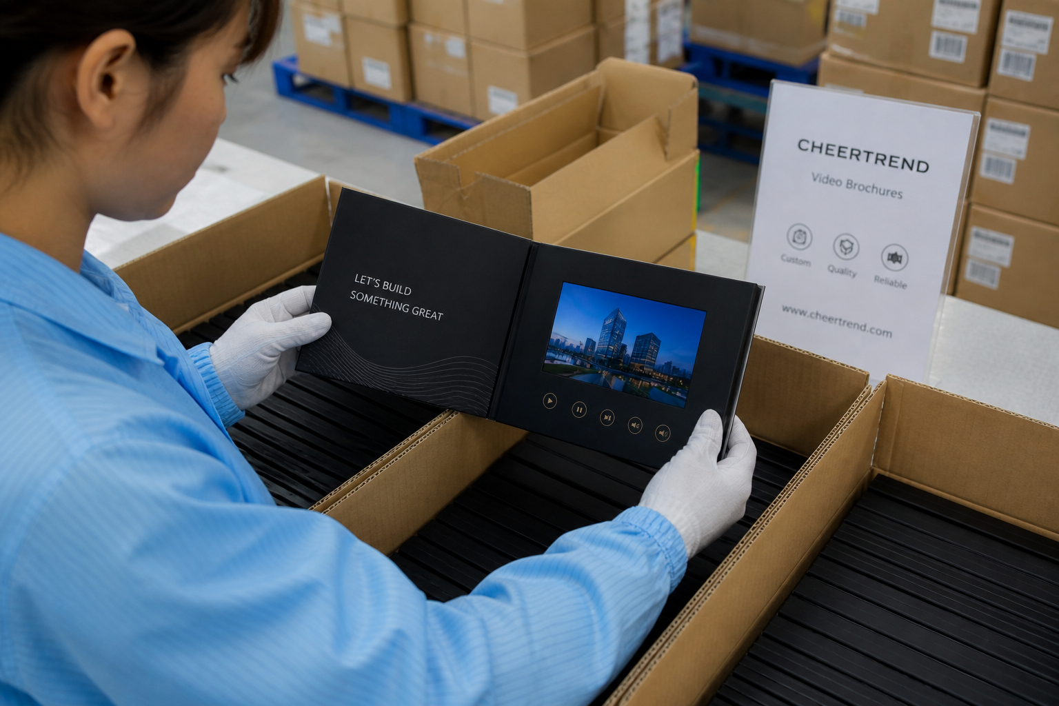 Packed video brochure cartons prepared for international air shipment