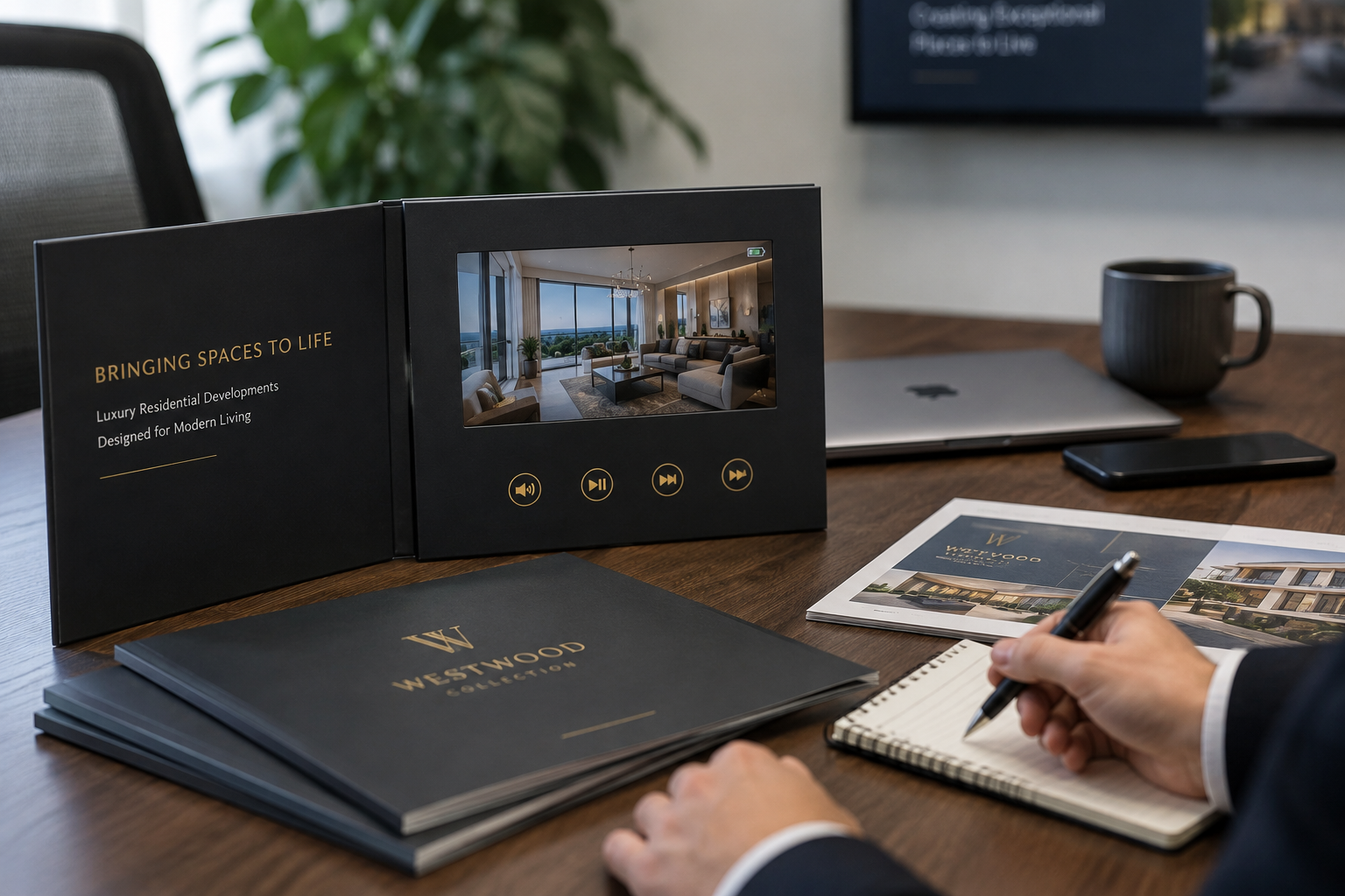 Factory engineer testing video playback quality on custom video brochures before shipment