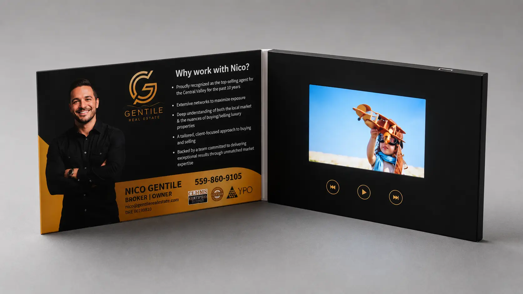 Diagram showing internal components of a video brochure: LCD screen, battery, motherboard, speaker, printed cover, and wiring