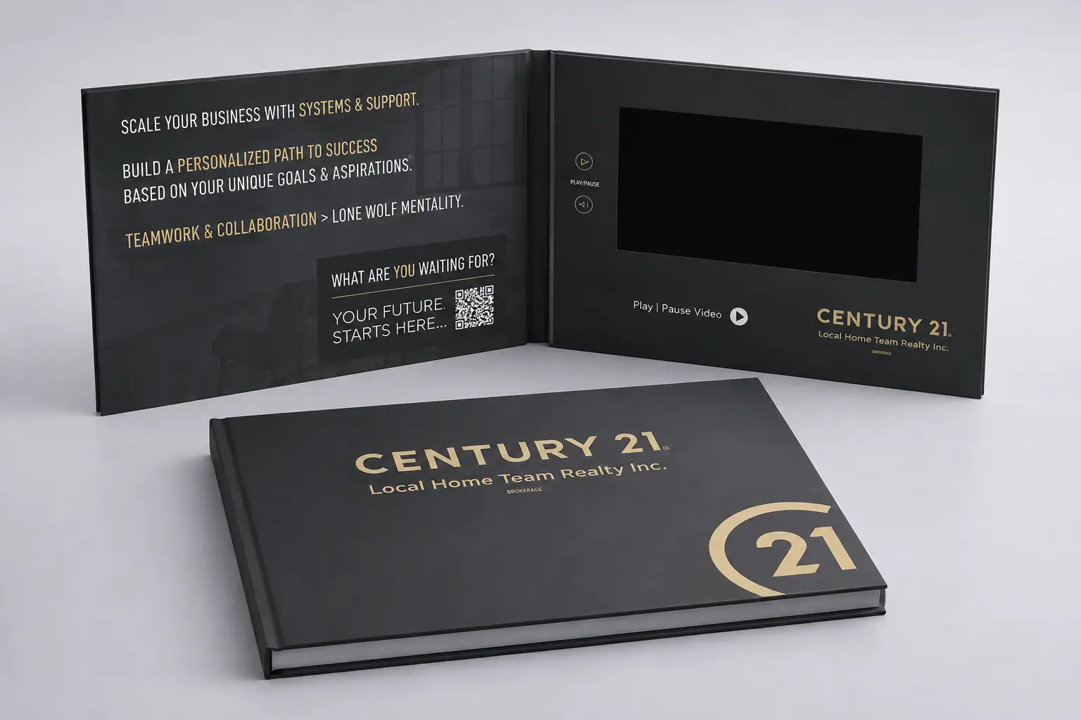 Luxury video brochure with hardcover finish open on a table during a listing presentation