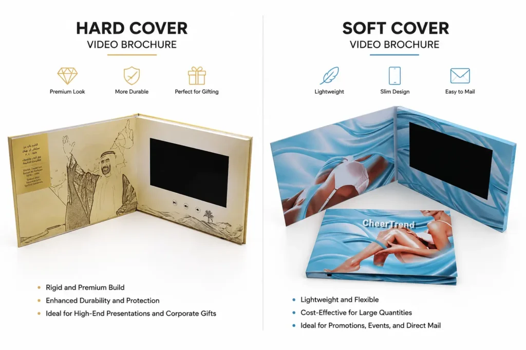 Soft cover and hard cover video brochure types