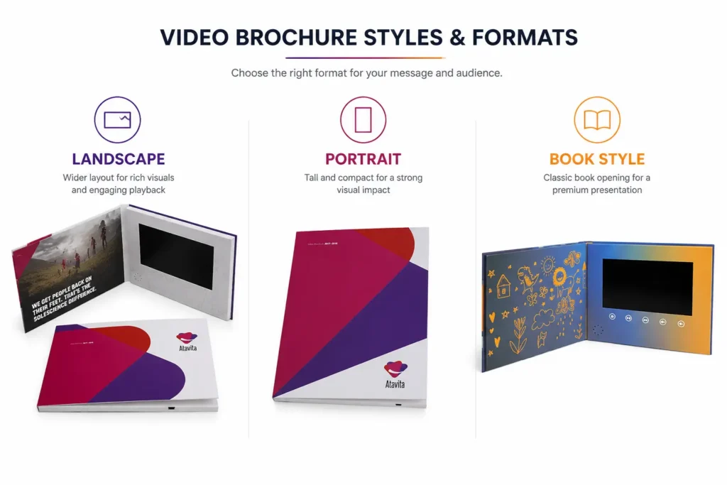 Different video brochure formats including book style landscape and portrait