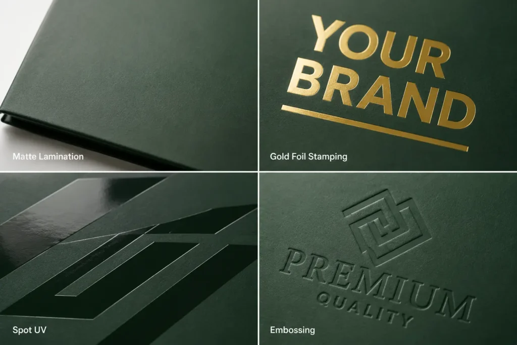 Video brochure printing finishes including foil stamping and embossing
