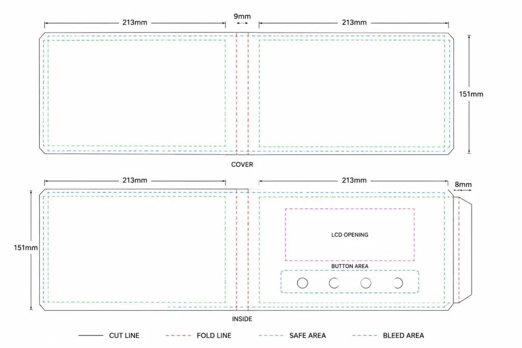 Video brochure template showing screen opening, fold lines, and button placement