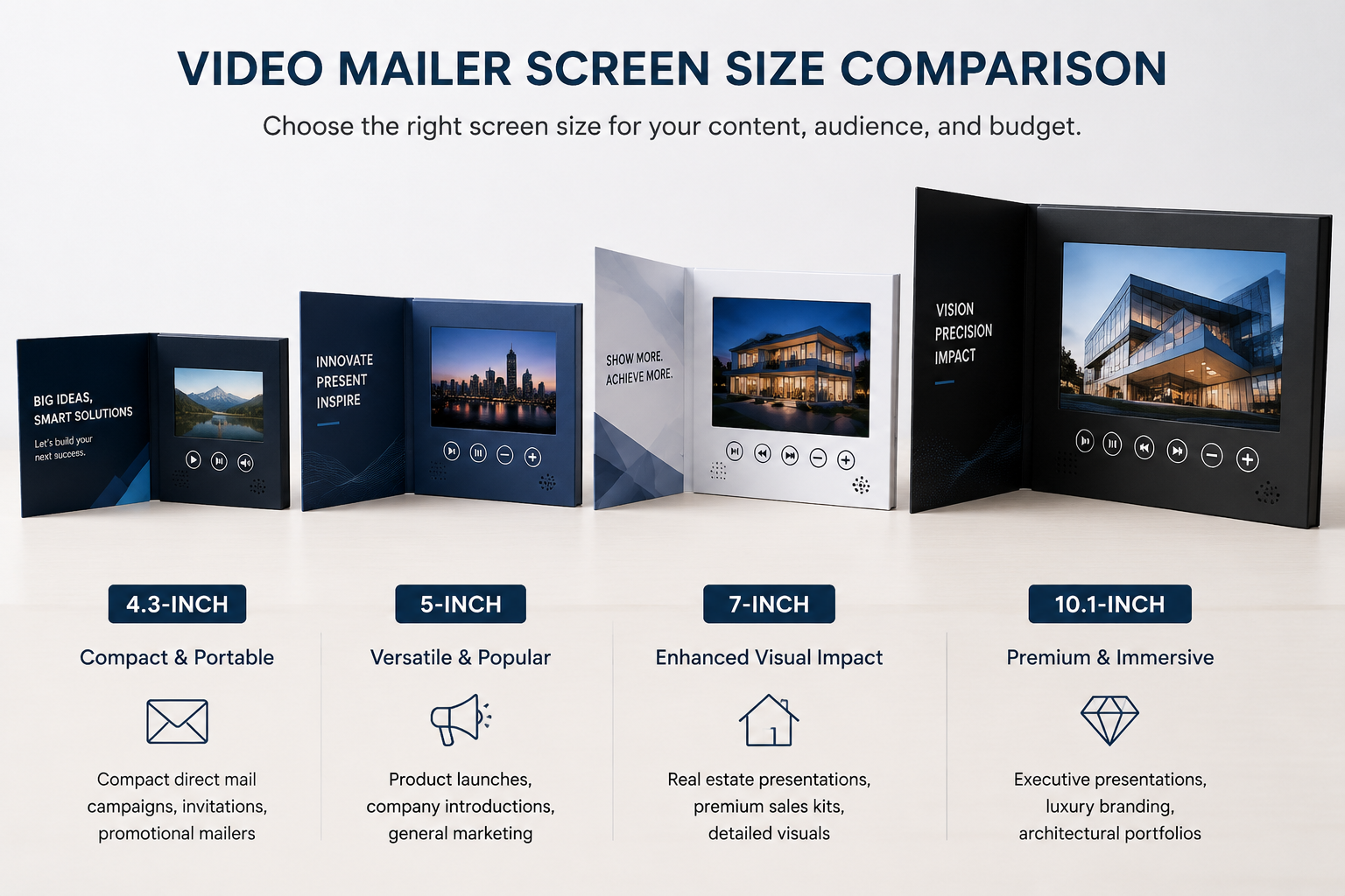 Comparison of 4.3-inch, 5-inch, 7-inch and 10.1-inch video mailer screen sizes