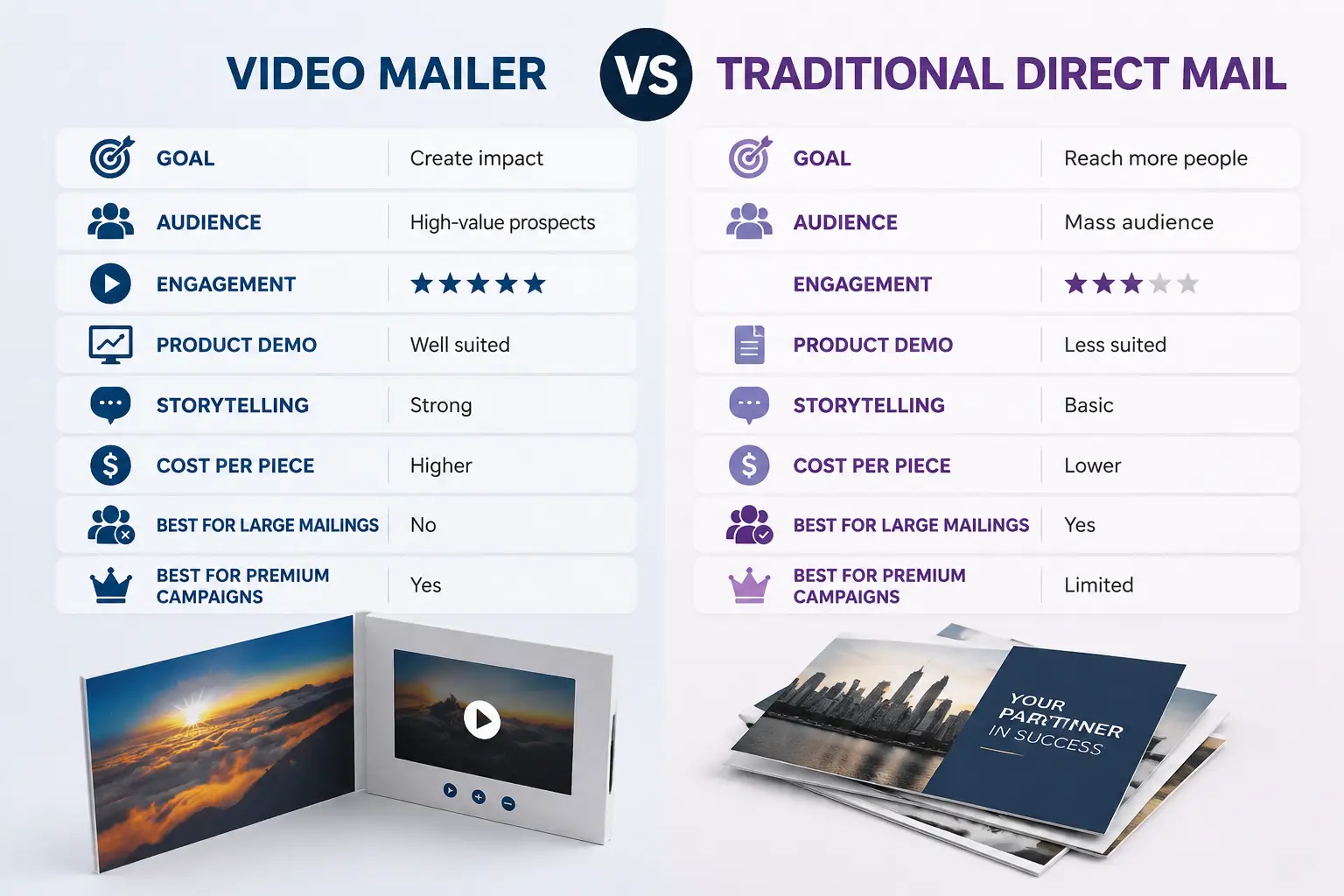 Side-by-side infographic comparing video mailers and traditional direct mail across goal, audience, cost, and impact