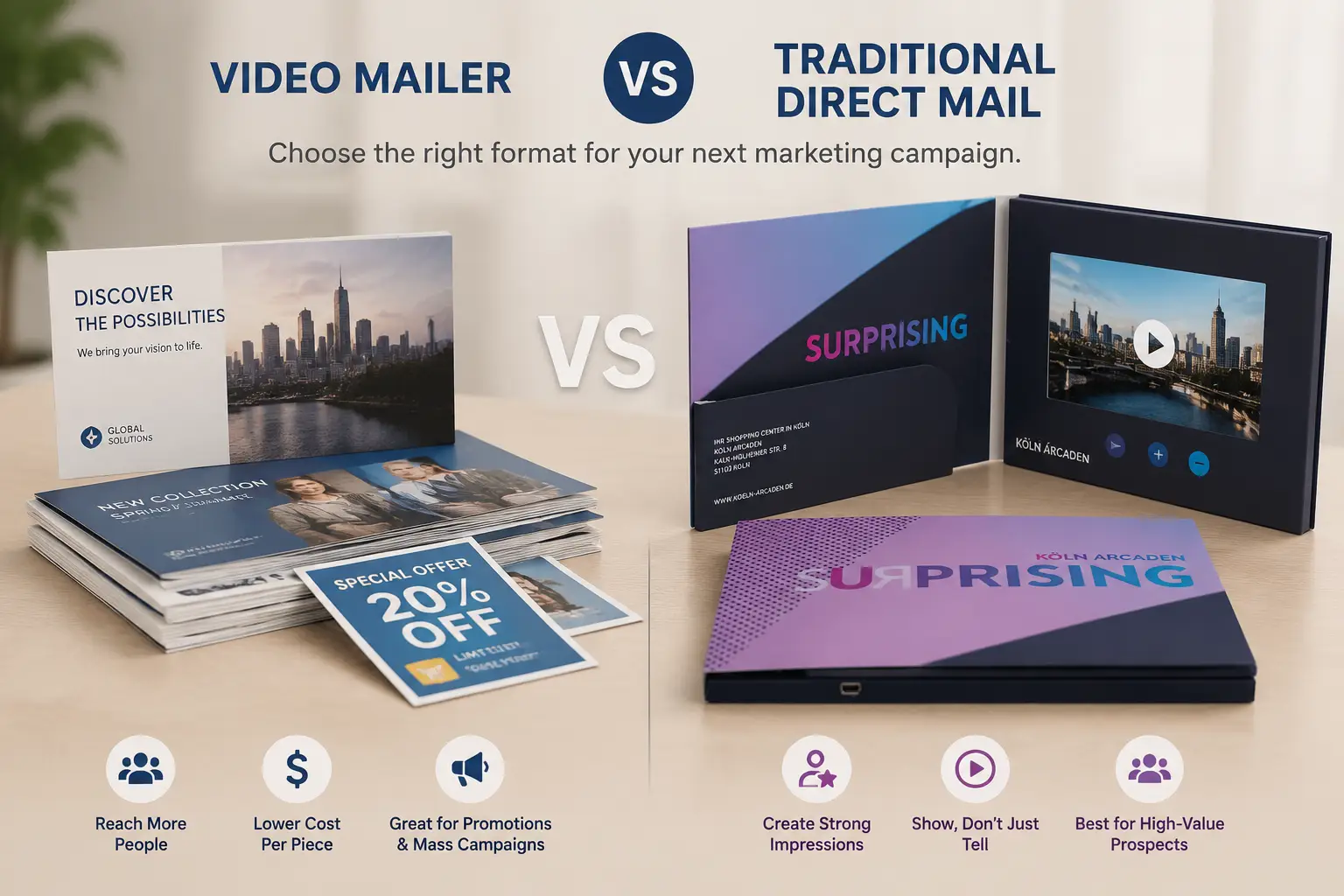 An opened video mailer with its LCD screen playing, placed next to a stack of traditional printed postcards
