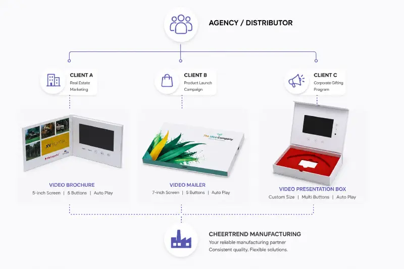 Agency and distributor client projects using video brochures, video mailers and video presentation boxes
