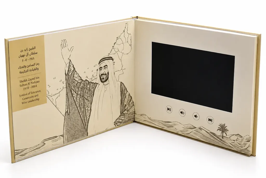 Custom hardcover LCD video book with built-in screen and playback control buttons