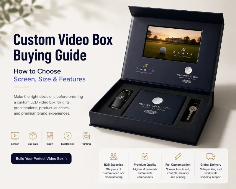 Custom video box with LCD screen and product insert for corporate presentations and gift packaging