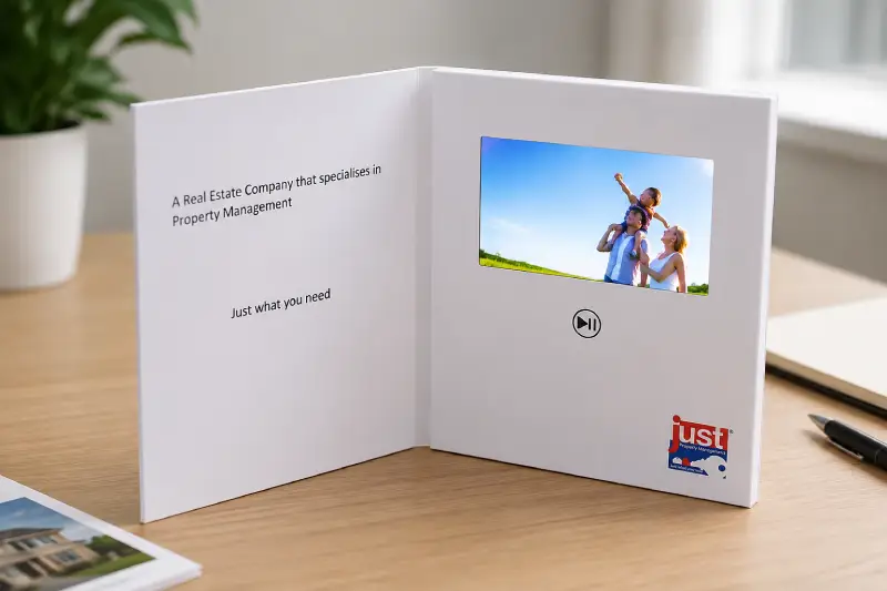 Custom printed video mailer with LCD screen for branded marketing campaigns