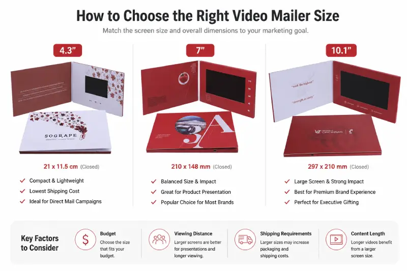 Guide to choosing the right video mailer size based on marketing goals, budget, shipping requirements, and viewing experience