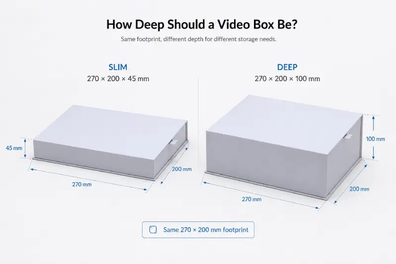 Comparison of 45 mm and 100 mm deep video box dimensions