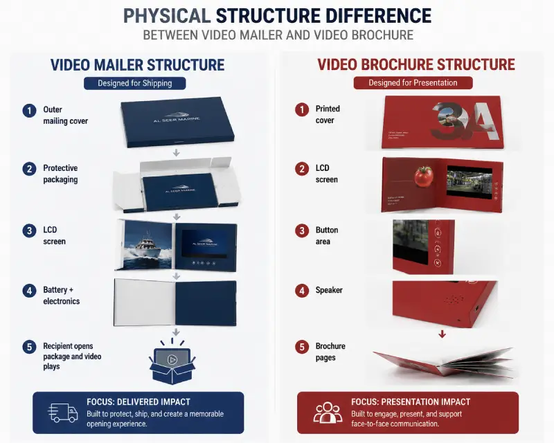 Comparison of video mailer packaging structure and video brochure folding format