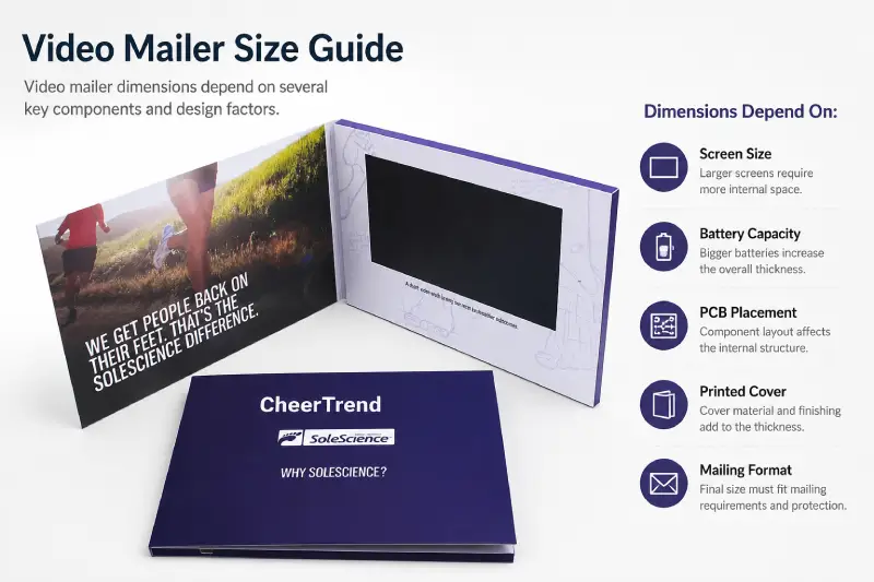 Video mailer dimensions guide showing how screen size, battery, and internal components affect the overall mailer size