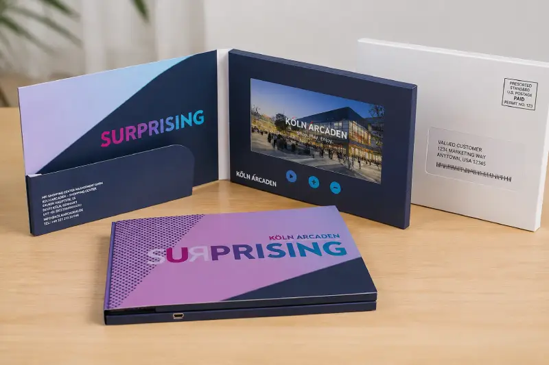 Custom video mailer with LCD screen for direct mail marketing campaignsExample