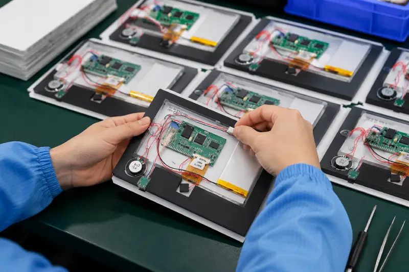 Electronic assembly process for custom video mailers with LCD module installation