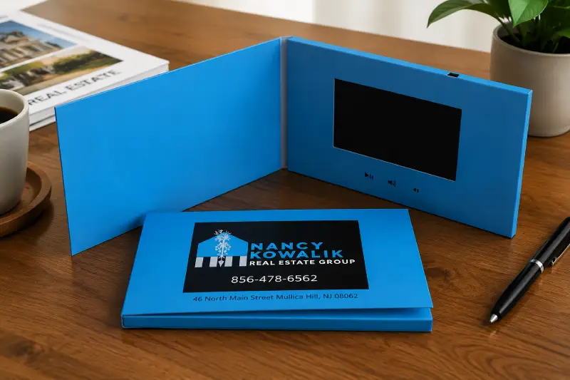 Custom video mailer example with LCD screen and printed cover