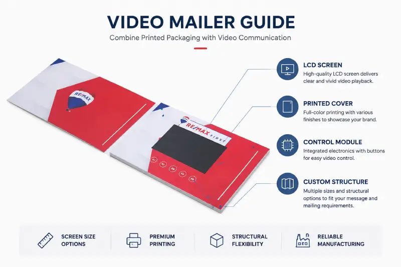 Custom video mailer with LCD screen and printed packaging for marketing applications