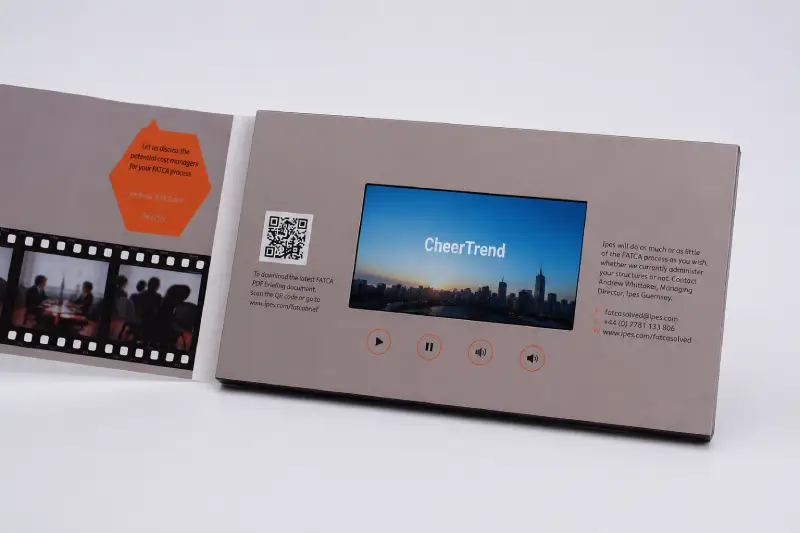 Custom video mailer with LCD screen and printed packaging manufactured for marketing applications