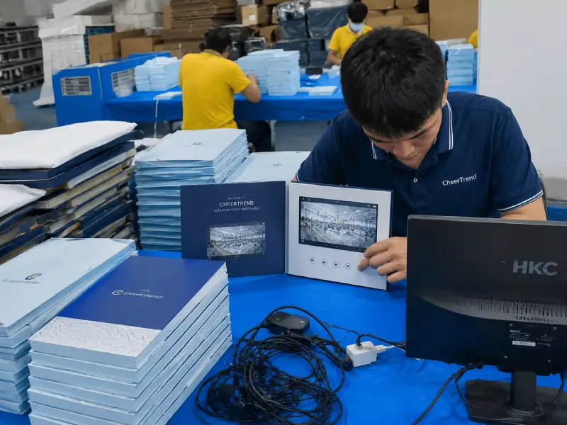 Manual assembly process for custom video mailers with LCD screen installation
