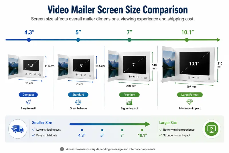 Comparison of 4.3 inch, 5 inch, 7 inch, and 10.1 inch video mailer sizes and how screen size affects dimensions and viewing experience