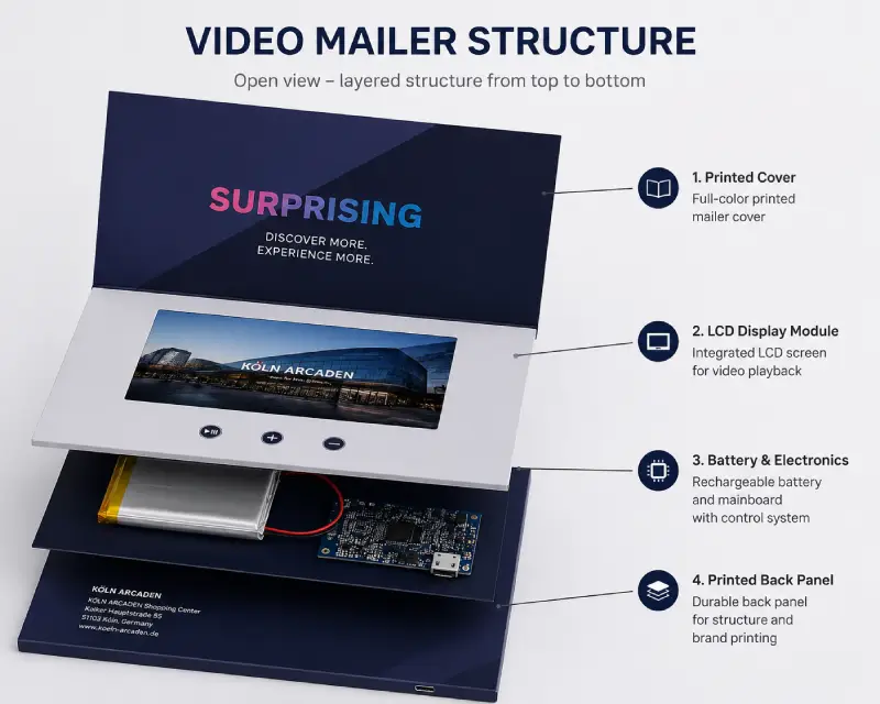 Open video mailer structure showing LCD screen, battery, electronics, and printed cover layers