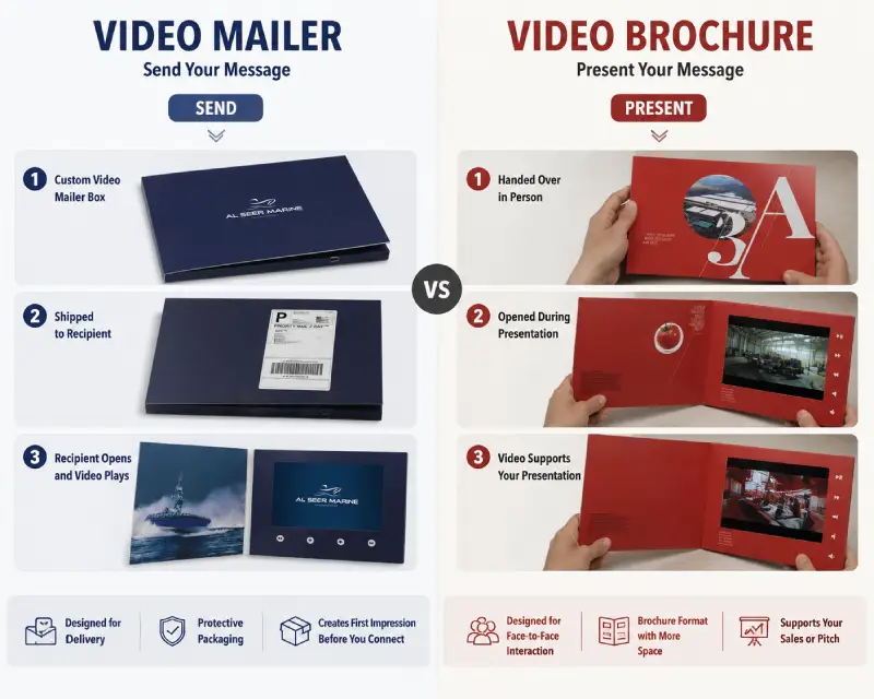 Side-by-side comparison of a video mailer package and a video brochure showing send and present use cases