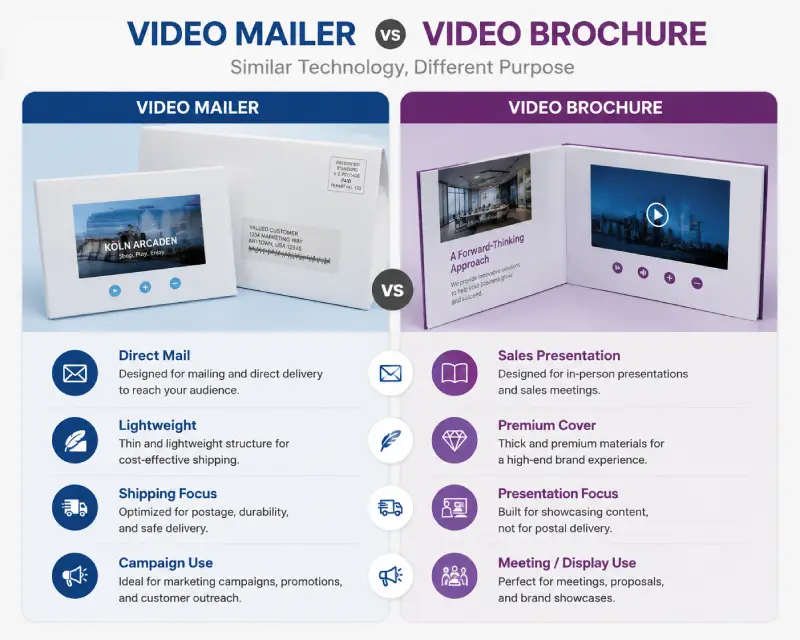 Comparison of video mailer and video brochure features, including direct mail and presentation applicationsComparison
