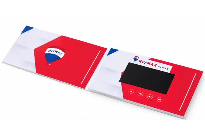 Custom 4.3-inch real estate video brochure with RE/MAX branding and built-in LCD screen