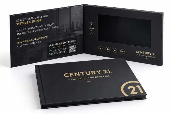 Custom 7-inch hardcover real estate video brochure with LCD screen and Century 21 branding