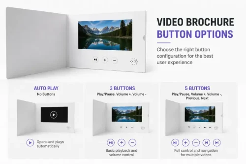 Video brochure button options showing auto play, 3-button and 5-button configurations
