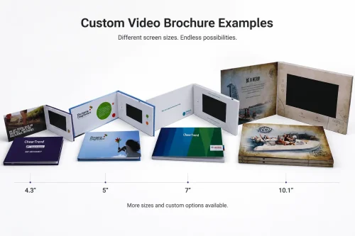 Custom video brochure examples with different screen sizes and cover styles